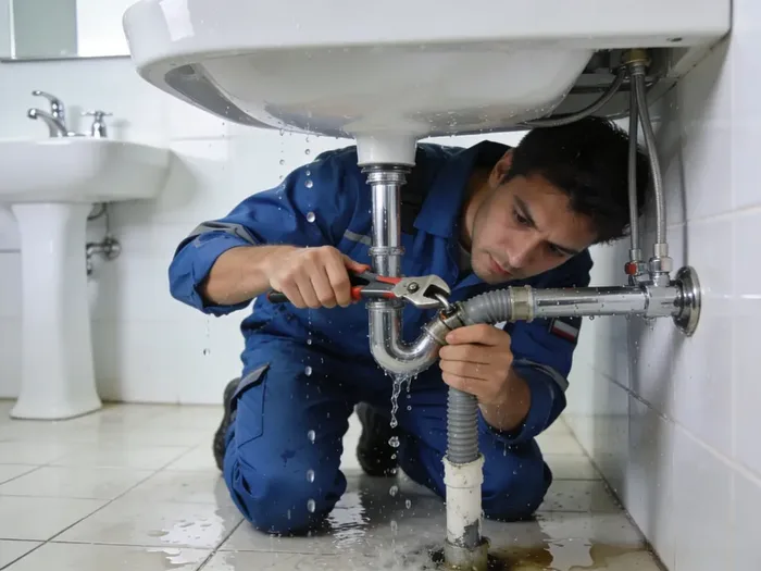 Klempner beim Sanitär-Notdienst – Rohrbruch und Leckage reparieren